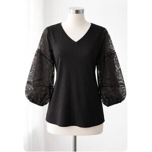 Chico’s Large Black Knit Top Sheer Lace Balloon Sleeve V-Neck Blouse